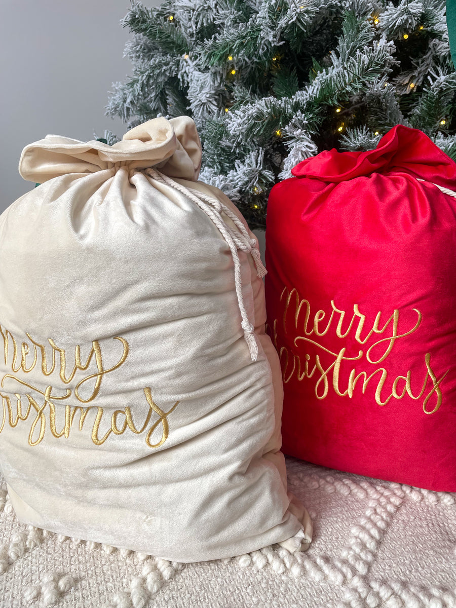 Velvet Embroidered Santa Sacks Christmas PJs AU Christmas PJs NZ AU